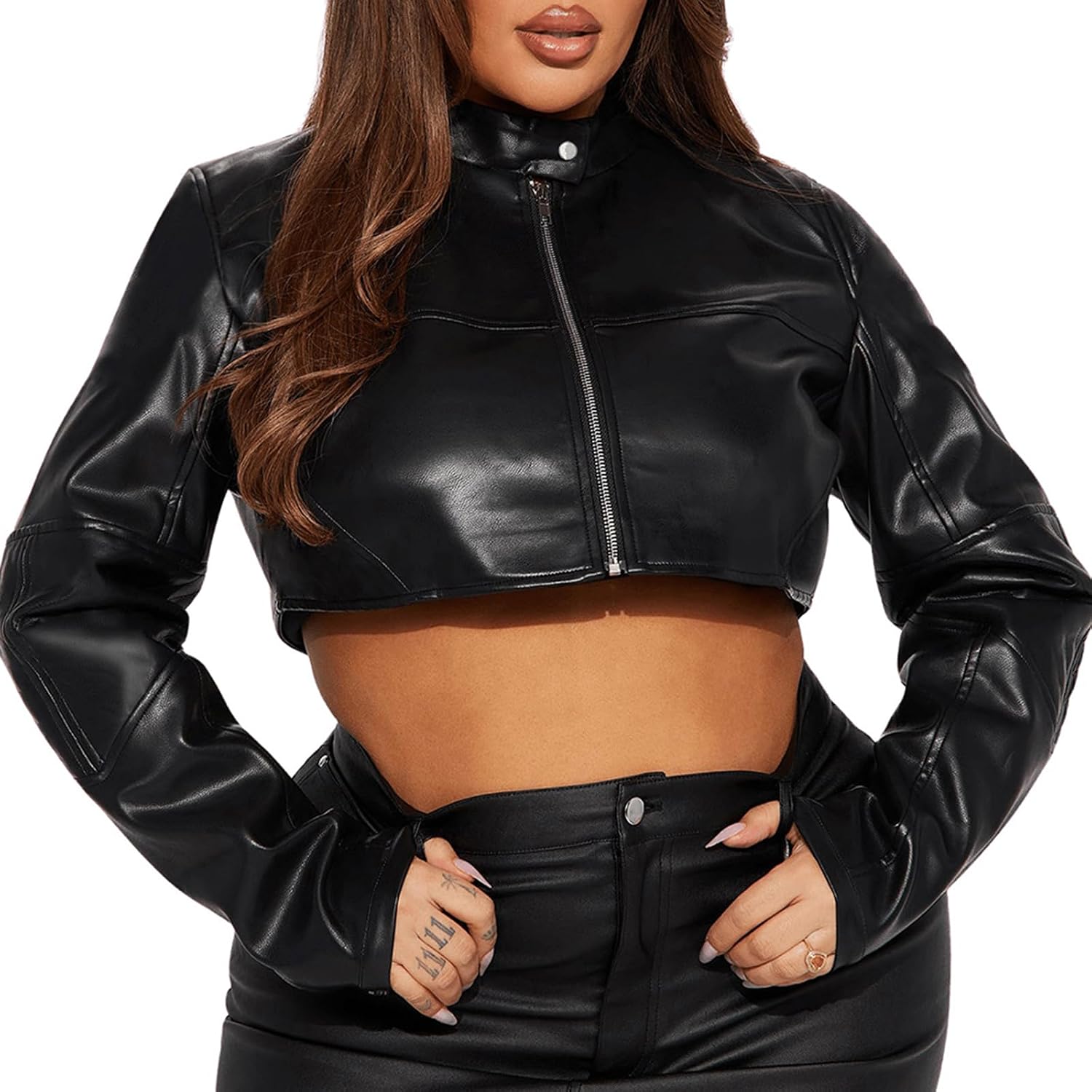 Women's Cropped Faux Leather Jacket - Image 8