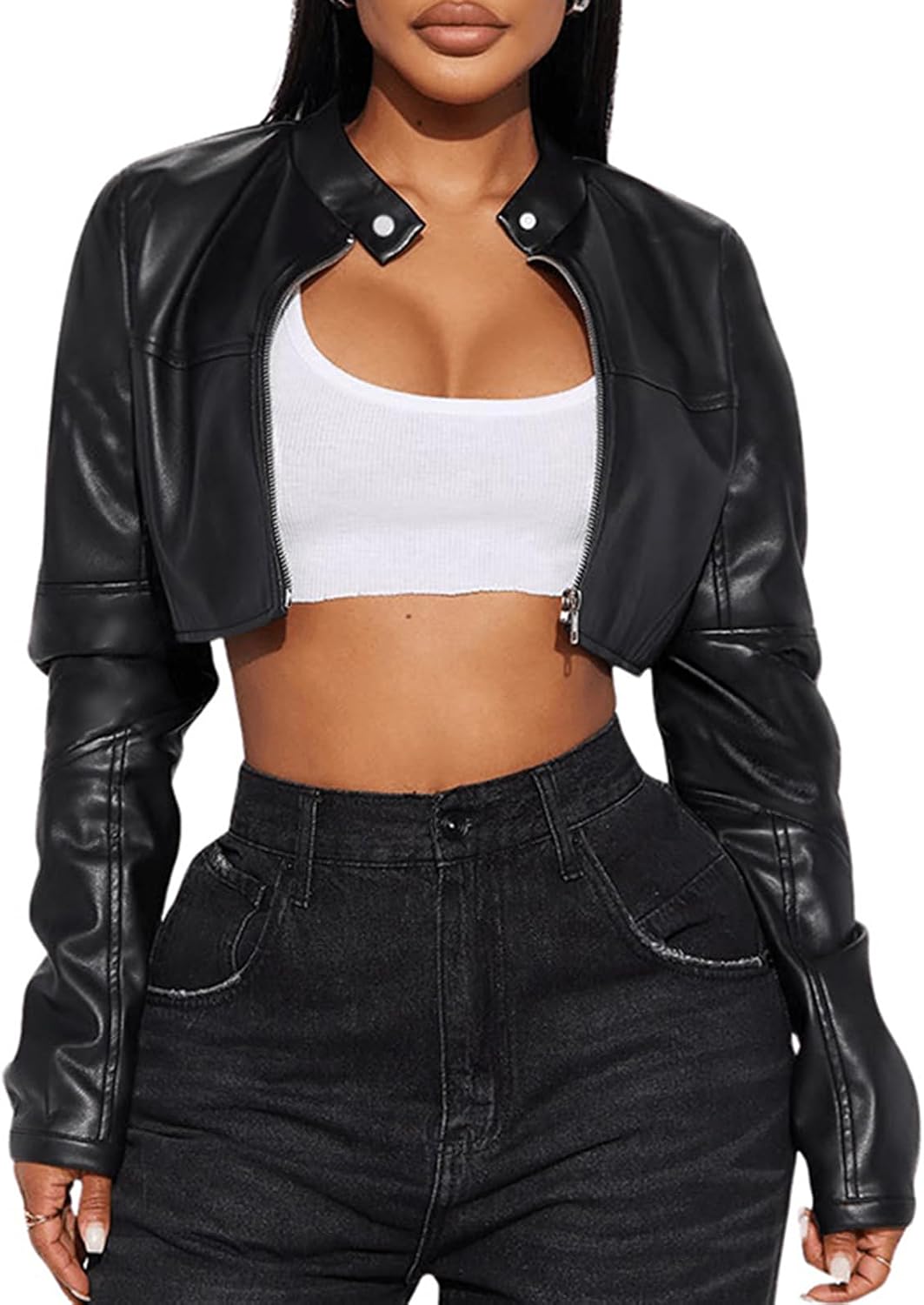 Women's Cropped Faux Leather Jacket - Image 3