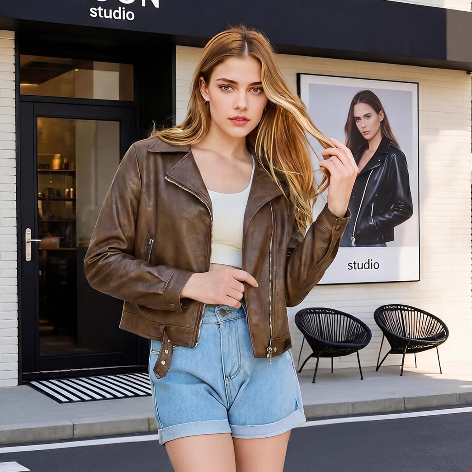 Cropped Faux Leather Moto Jacket - 图片 2