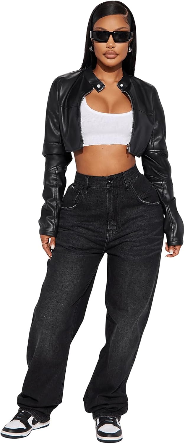 Women's Cropped Faux Leather Jacket - Image 2
