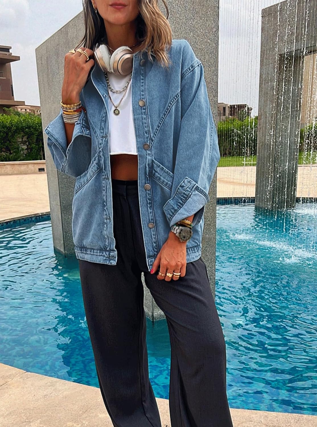 Oversized Denim Shacket with Pockets - Image 2